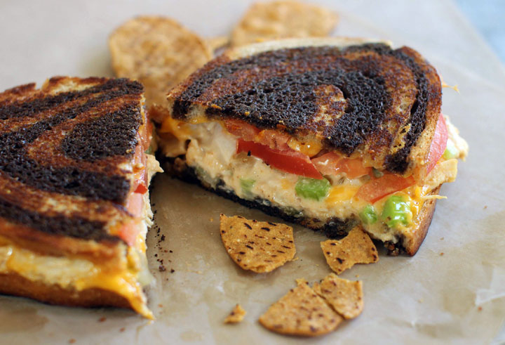 This photo taken June 22, 2015, shows griddled chicken salad sandwich on rye in Concord, NH. This dish is from a recipe by J.M. Hirsch.