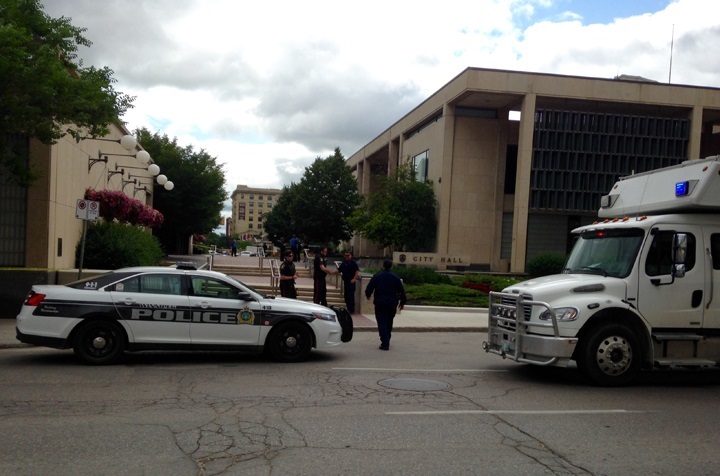 Police units at Winnipeg city hall during suspicious package investigation on Monday, July 6, 2015