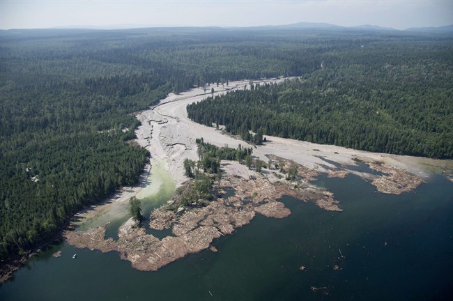 Contents from a tailings pond is pictured going down the Hazeltine Creek into Quesnel Lake near the town of Likely, B.C. on August, 5, 2014. British Columbia's Ministry of Environment says the first stage of a massive recovery operation at the collapse of a tailings dam at the Mount Polley mine site has been complete. THE CANADIAN PRESS/Jonathan Hayward.