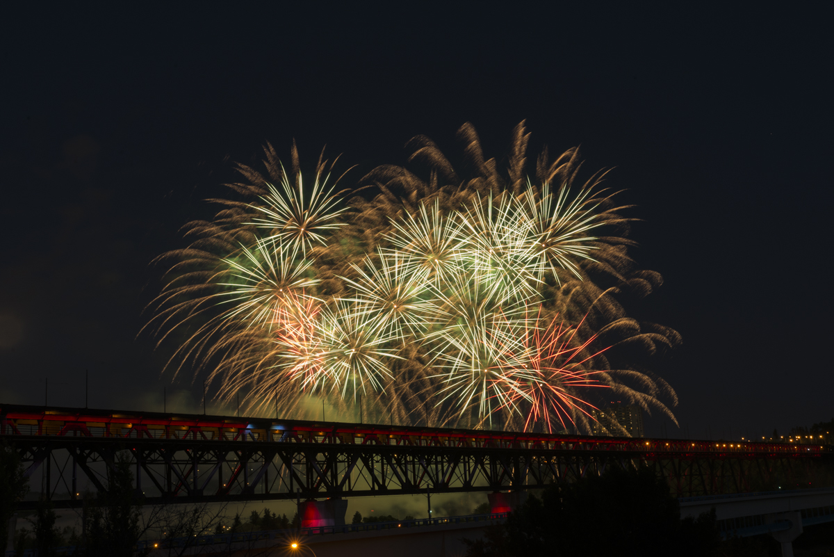 Canada Day fireworks over Edmonton’s river valley. July 1, 2015.