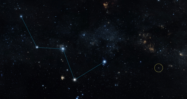 This sky map shows the location of the star HD 219134 (circle), host to the nearest confirmed rocky planet found to date outside of our solar system.