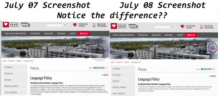 The Unity Group posted this picture online showing the different text in the Montreal Heart Institute's language policy, Wednesday, July 8, 2015.