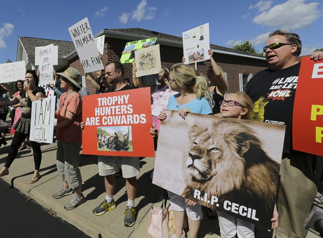 Protestors gather outside Dr. Walter James Palmer\’s dental office in Bloomington, Minn., Wednesday, July 29, 2015.