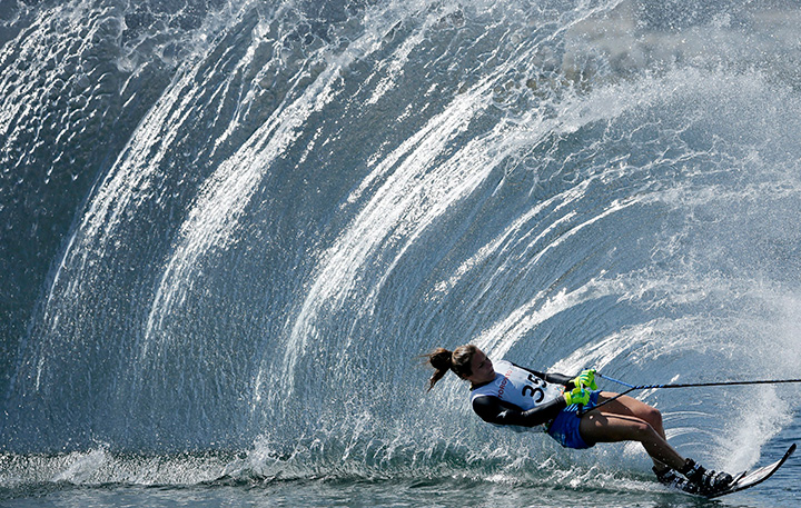 The United States’ Regina Jaquess skis during the slalom portion of the women’s overall water ski competition in the Pan Am Games in Toronto on Wednesday, July 22, 2015.