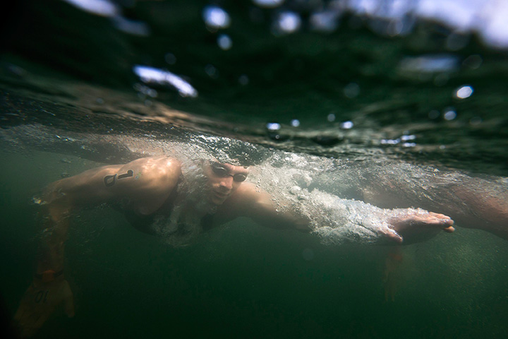 Canada’s Eric Hedlin swims during the men’s 10km Open Water Swimming competition at the Pan Am Games in Toronto on Sunday, July 12, 2015.