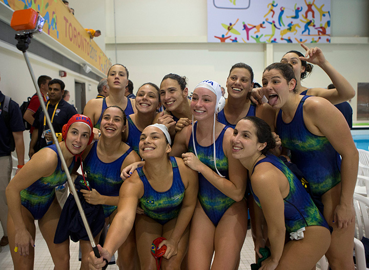 Brazil’s women’s water polo team takes a selfie after winning the bronze medal in a match against Cuba, at the Pan Am Games in Markham, Ontario on Tuesday, July 14, 2015.