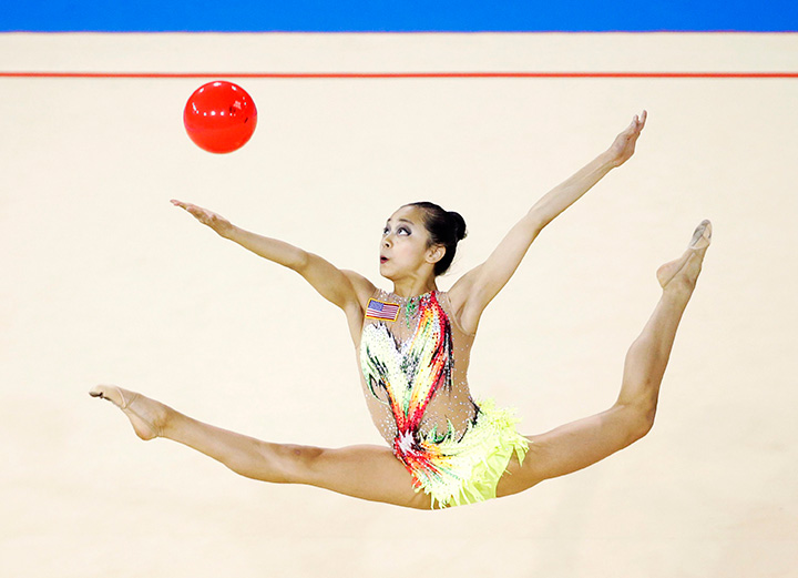 Laura Zeng, of the United States, performs in the rhythmic gymnastics competition at the Pan Am Games Sunday, July 19, 2015, in Toronto.