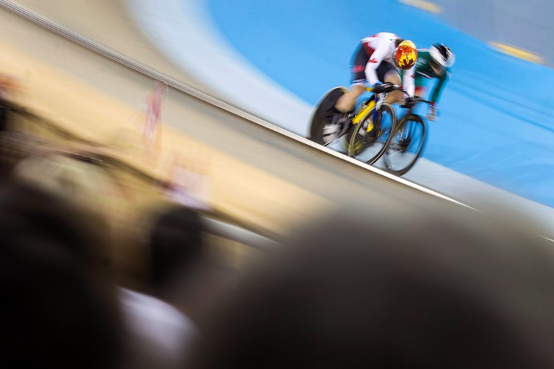 Canada's Monique Sullivan, left, battles for position with Mexico's Luz Gaxiola in the semi final of the women's track cycling sprint during the 2015 Toronto Pan Am Games in Milton, Ont., on Sunday, July 19, 2015.