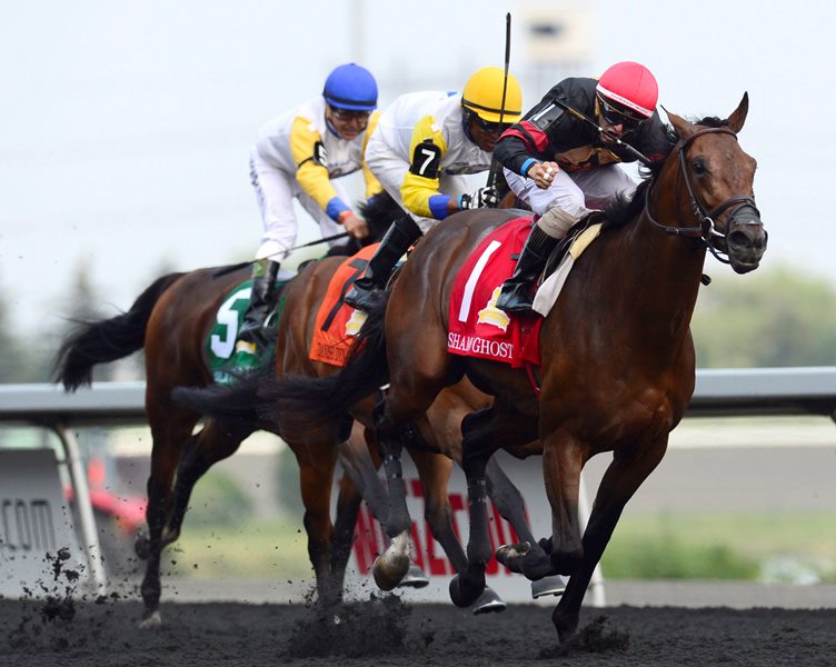 Jockey Rafael Hernandez pumps his fist as he rides Shaman Ghost to win the 156th running of the Queen's Plate at Woodbine Racetrack in Toronto on Sunday, July 5, 2015. 