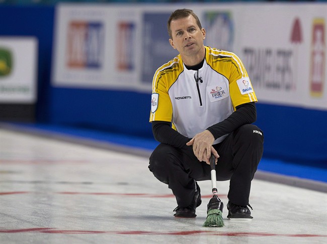 Jeff Stoughton watches a rock as he plays Quebec at the Tim Hortons Brier in Kamloops, B.C., on March 4, 2014.