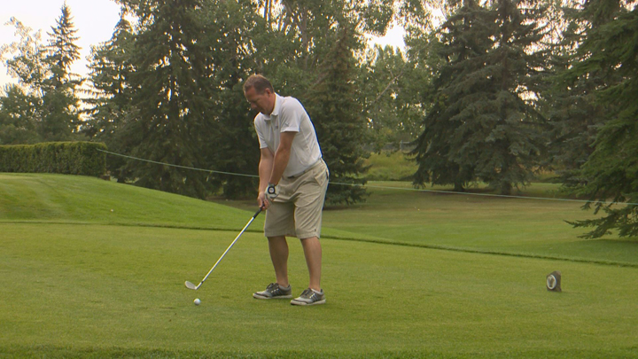 Global Calgary’s Kevin Smith tees off at the Shaw Charity Classic Junior Celebrity Golf Experience on Monday.