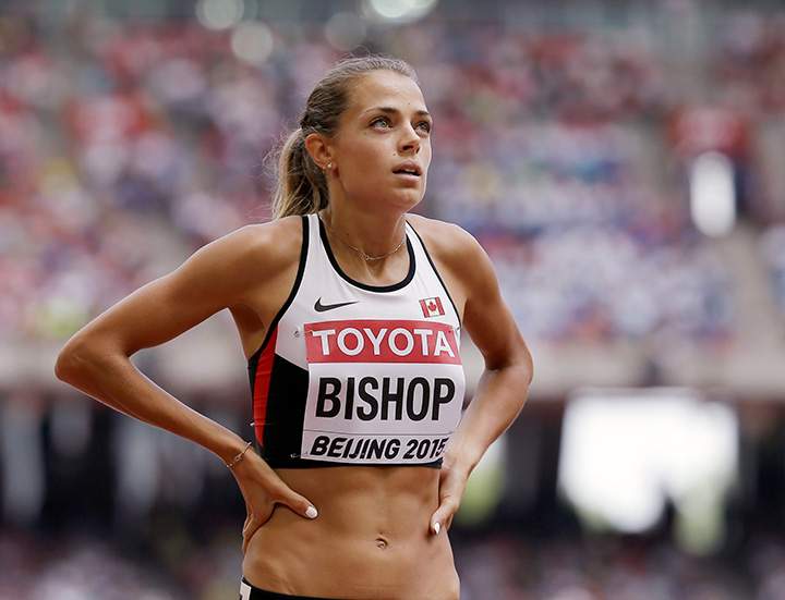 Canada's Melissa Bishop looks at her time during the women’s 800m at the World Athletics Championships at the Bird's Nest stadium in Beijing, Wednesday, Aug. 26, 2015. 