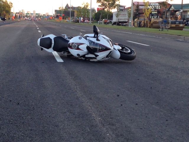 Edmonton's Gateway Boulevard at 39th Ave. was closed Monday morning after a motorcycle crash sent the driver to hospital with serious injuries. August 8, 2015.