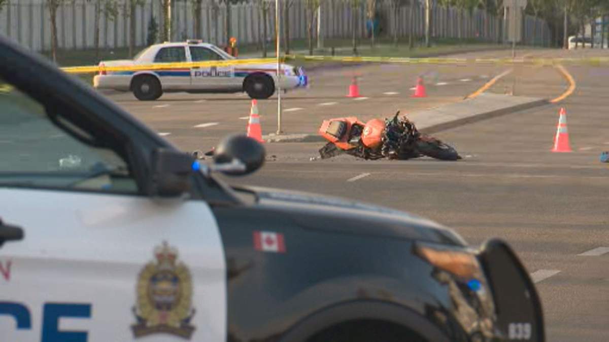 Edmonton police investigating a deadly collision involving a motorcycle on 82 Street and Schonsee Way.