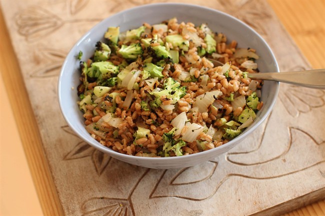 Quick and filling grilled veg salad built on a base of farro