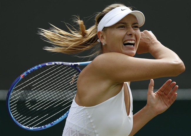 In this July 3, 2015, file photo, Maria Sharapova returns a ball to Irina-Camelia Begu during their singles match at the All England Lawn Tennis Championships in Wimbledon, London. 