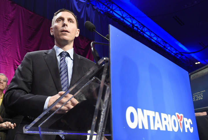 Ontario Progressive Conservative party leader Patrick Brown speaks after winning the PC party leadership in Toronto on Saturday, May 9, 2015. 