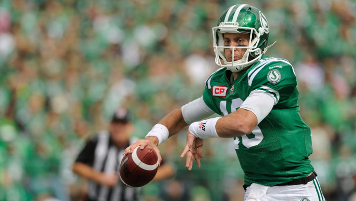 Saskatchewan Roughriders quarterback Brett Smith looks for a receiver during first half CFL action against the Winnipeg Blue Bombers in Regina, Sask., on Sunday, September 6, 2015. The Roughriders get a fresh start after their first win of season, 37-19 over the Blue Bombers.