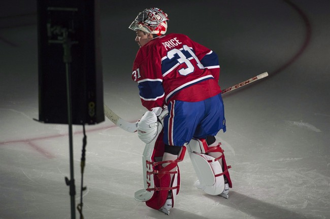 Montreal Canadiens goaltender Carey Price poses during a video session on the first day of training camp.