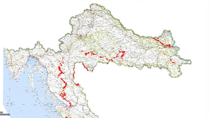 A map of landmine contaminated areas of Croatia.