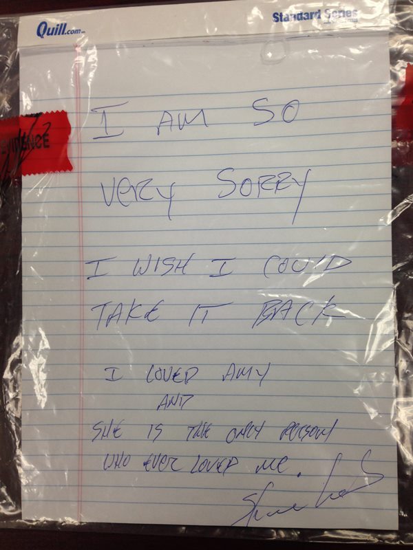 This photo provided by Gautier, Miss., police at a news conference on Tuesday, Sept. 15, 2015, shows a hand-written note investigators found at the house where Amy Prentiss’s body was found on Monday. 