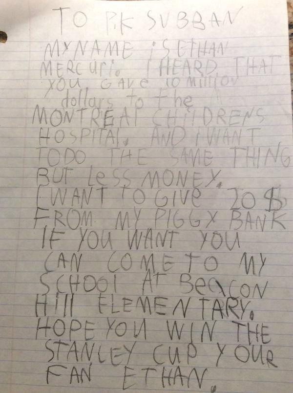 Ethan Mercuri's letter to P.K. Subban.
