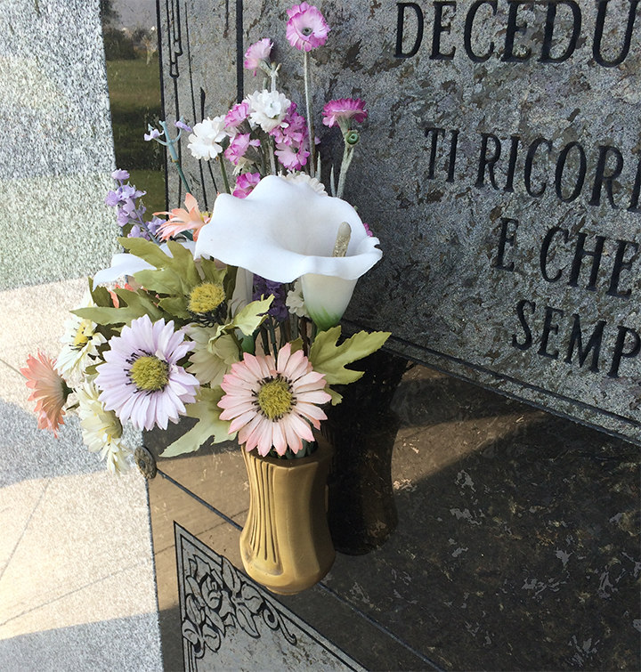 One of the bronze vases at the Innisvale Cemetery And Crematorium that remains on a grave after more than 30 were stolen.