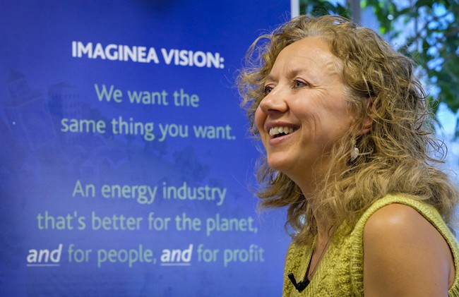 Suzanne West, CEO of Imaginea Energy, smiles during an interview at the company's head office in Calgary, Alta., Tuesday, Sept. 1, 2015.