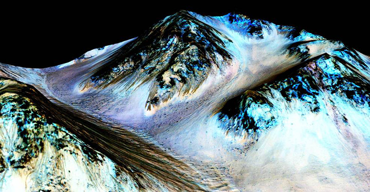 These dark, narrow, 100 metre-long streaks called recurring slope lineae flowing downhill on Mars are inferred to have been formed by contemporary flowing water.
