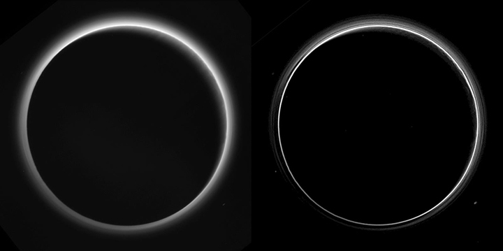 Two different versions of an image illustrating Pluto’s haze. The image was taken about 16 hours after New Horizon’s close approach. The left version has had only minor processing, while the right version has been specially processed to reveal a large number of discrete haze layers in the atmosphere.
