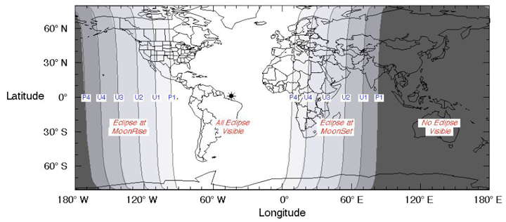 A map showing where the eclipse is visible. The “P” indicates when the penumbra, or outer shadow will be visible, the “U” denotes umbra.