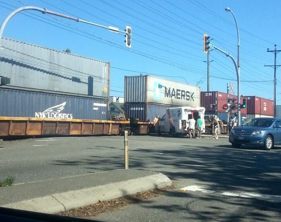 A collision between a train and an ambulance in Langley.