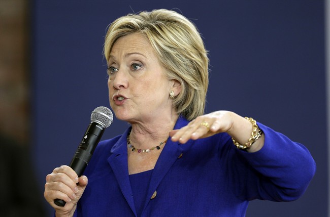 In this Sept. 22, 2015, photo, Democratic presidential candidate Hillary Rodham Clinton speaks during a community forum on healthcare at Moulton Elementary School in Des Moines, Iowa.
