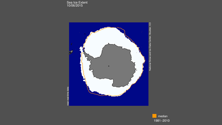 This image shows the 2015 Antarctic sea ice extent compared to the median period of 1981-2010.