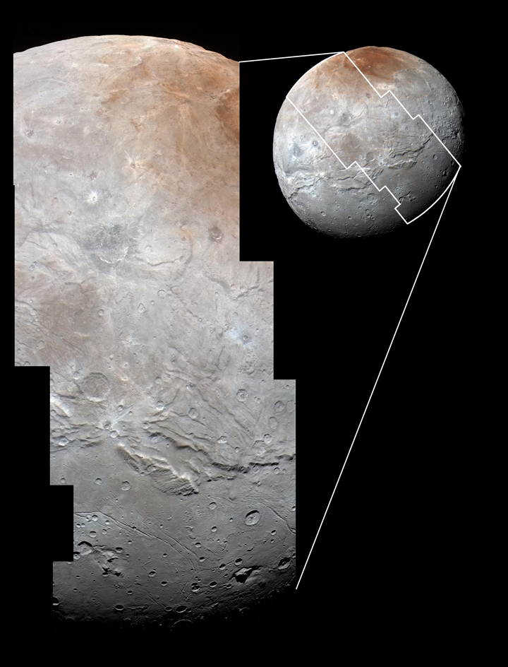 Charon’s cratered uplands at the top are broken by series of canyons, and replaced on the bottom by the rolling plains of the informally named Vulcan Planum. The scene covers Charon’s width of 1,214 kilometers and resolves details as small as 0.8 kilometers.