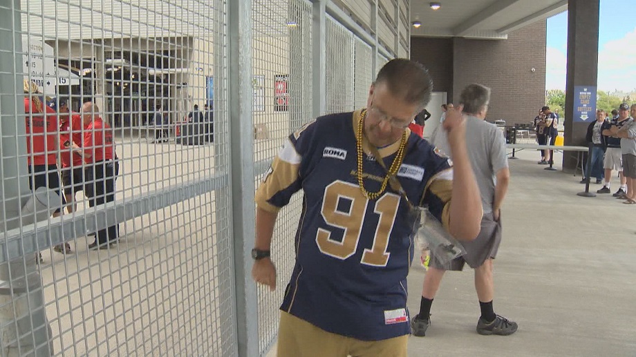 Dancing Gabe doing his thing for the camera at a Winnipeg Blue Bombers game.