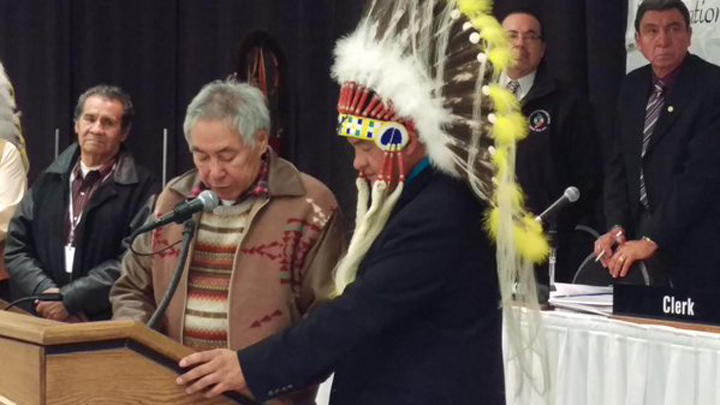 Chief Bobby Cameron was sworn in today at the F-S-I-N assembly in Saskatoon after a landslide win.