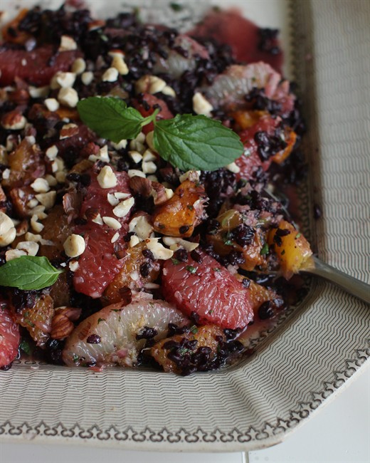 This Sept. 21, 2015 photo shows black rice autumn salad in Concord, NH. Rice salads are the perfect side dish that can be turned into a main meal just by adding some rotisserie chicken, tofu or fish.