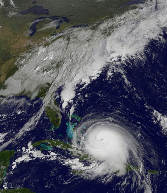 This satellite image taken Thursday, Oct. 1, 2015 at 9:37 a.m. EDT, and released by the National Oceanic and Atmospheric Administration (NOAA), shows Hurricane Joaquin.
