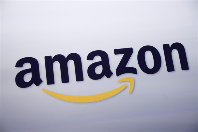 The logo for Amazon during a news conference, in New York.