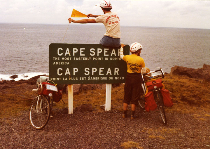 This photo shows Rob and Nancy completing their journey back in 1978 at Cape Spear, Newfoundland.