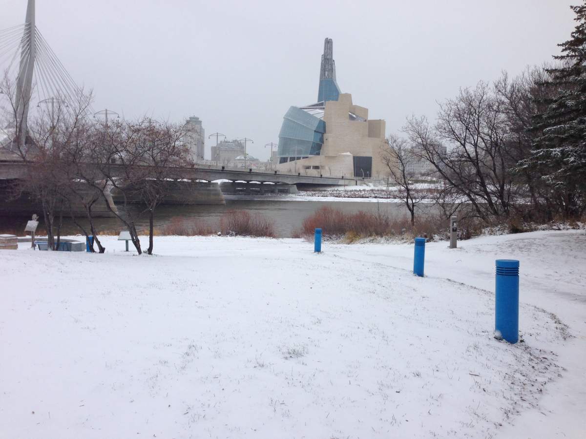 Canadian Museum for Human Rights and the Provencher Bridge after the snow on Thursday.