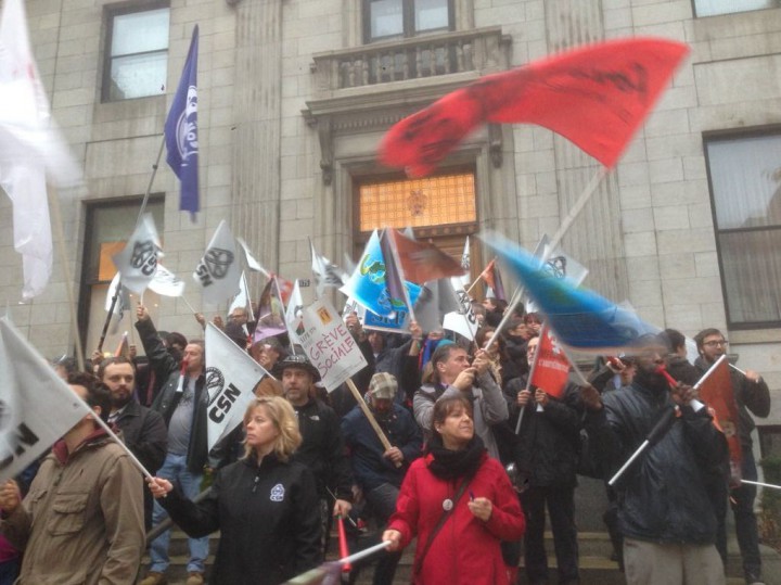 Protesters with the Common Front Union protest outside the Mount Royal Club, Friday, November 6, 2015.