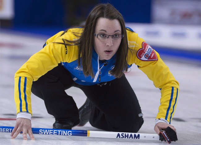 Alberta skip Val Sweeting watches her shot during the gold medal game against Manitoba at the Scotties Tournament of Hearts in Moose Jaw, Sask., February 22, 2015. 