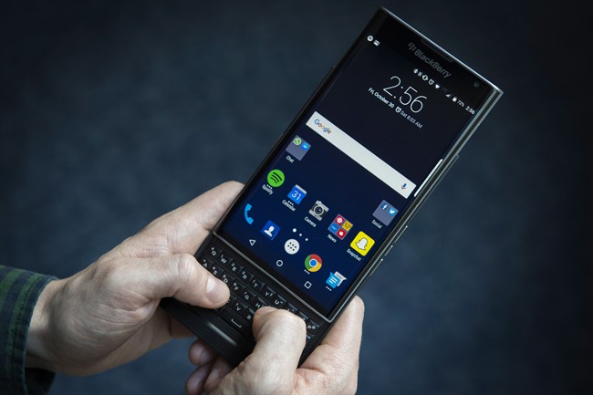 The Blackberry Priv, which runs the Android operating system, is shown in Toronto, Friday, Oct. 30, 2106.