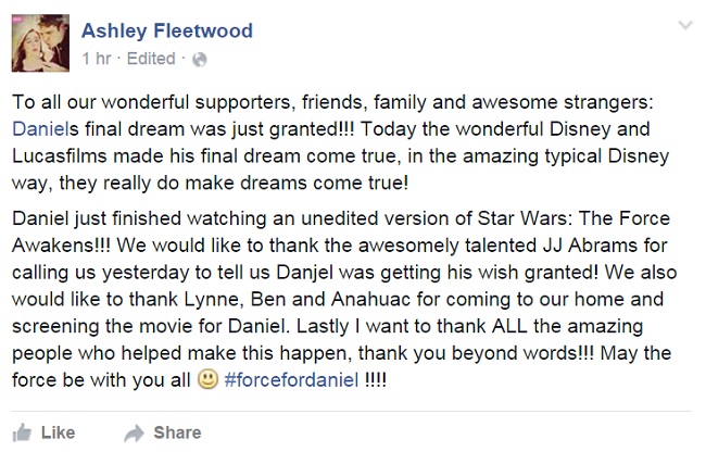 Ashley Fleetwood's Facebook post with the good news.