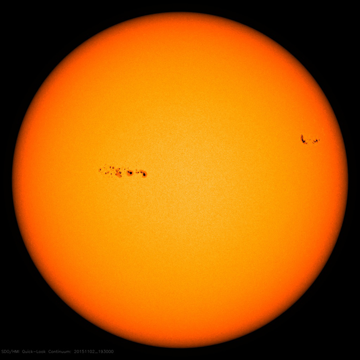 Several sunspots dot the surface of the sun on Nov. 2.