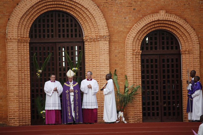 Pope Francis arrives at Notre Dame cathedral in Bangui, Central African Republic on the third leg of his Africa trip Sunday Nov. 29, 2015. (AP Photo/Jerome Delay).
