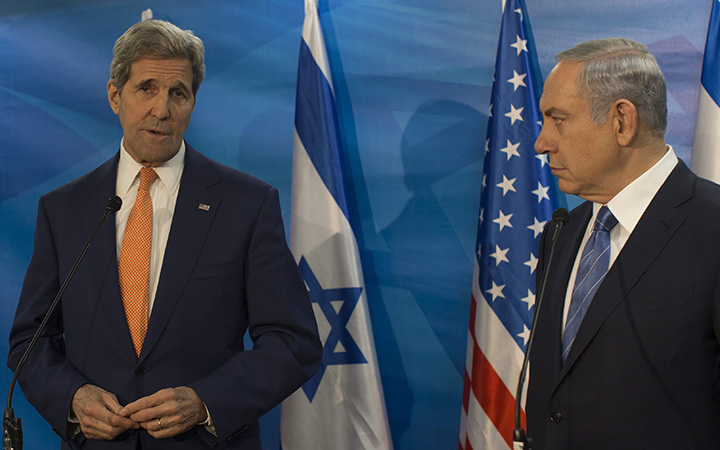 Israeli Prime Minister Benjamin Netanyahu meets with US Secretary of State John Kerry at Netanyahu's office in Jerusalem, Israel, 24 November 2015.  