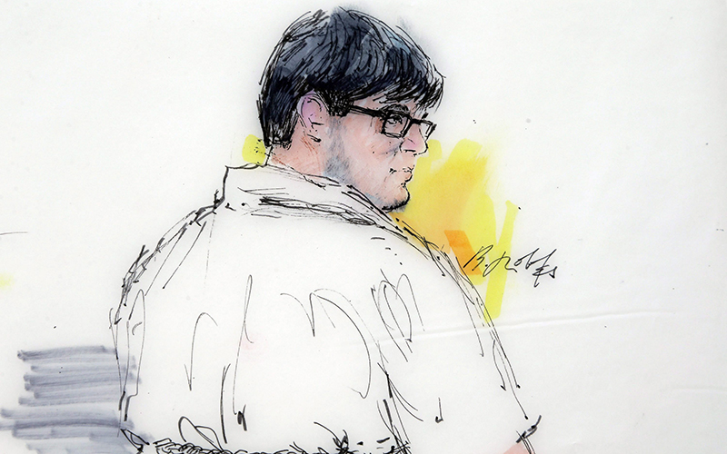 In this courtroom sketch, Enrique Marquez appears in federal court in Riverside, Calif., Monday, Dec. 21, 2015. 